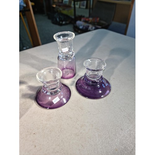 21 - 4x pieces of Jane Charles amethyst and clear glass  art glass pieces to include 2x candlesticks each... 