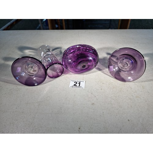 21 - 4x pieces of Jane Charles amethyst and clear glass  art glass pieces to include 2x candlesticks each... 