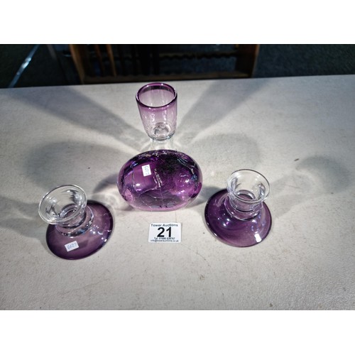 21 - 4x pieces of Jane Charles amethyst and clear glass  art glass pieces to include 2x candlesticks each... 