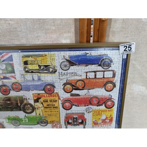 25 - Framed and glazed completed jigsaw depicting antique and vintage cars in good order frame measures 5... 