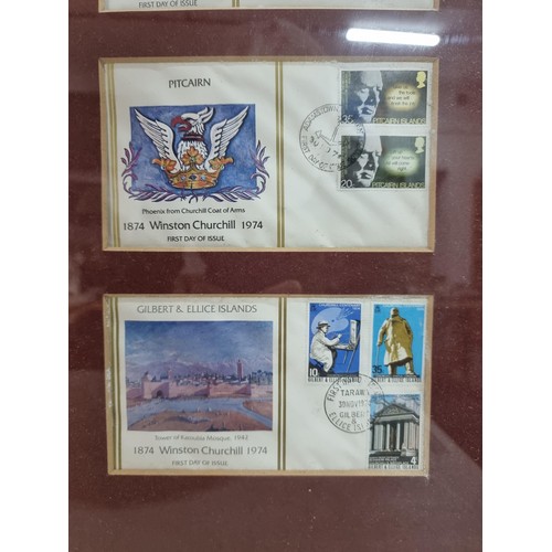 28 - Large framed and glazed set of First Edition First Day covers of the Winston Churchill stamp set con... 