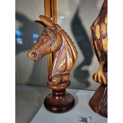 30 - Large Impressive hand carved solid wood figures, to include an eagle figure with good detail has an ... 