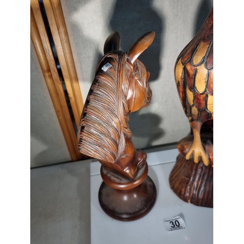 30 - Large Impressive hand carved solid wood figures, to include an eagle figure with good detail has an ... 