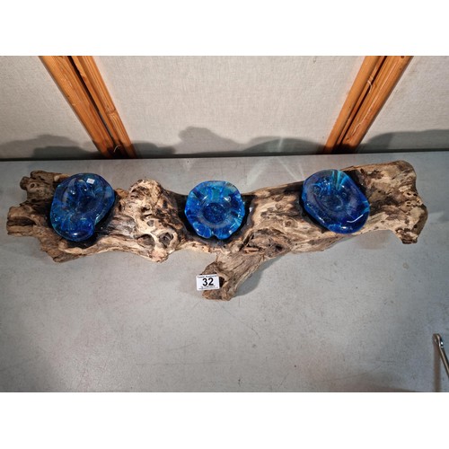 32 - Good quality table decoration piece of drift wood with 3x hand blown blue glass moulded tea light ho... 