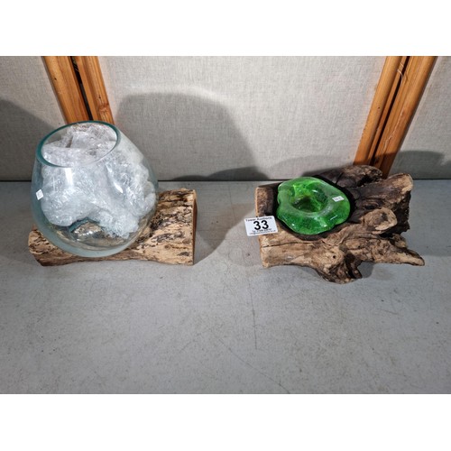 33 - 2x good quality table decoration drift wood pieces, one with a large hand blown moulded vase and one... 