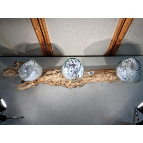 36 - Good quality 3x vase table decoration made of a solid piece of drift wood with 3 hand blown glass va... 