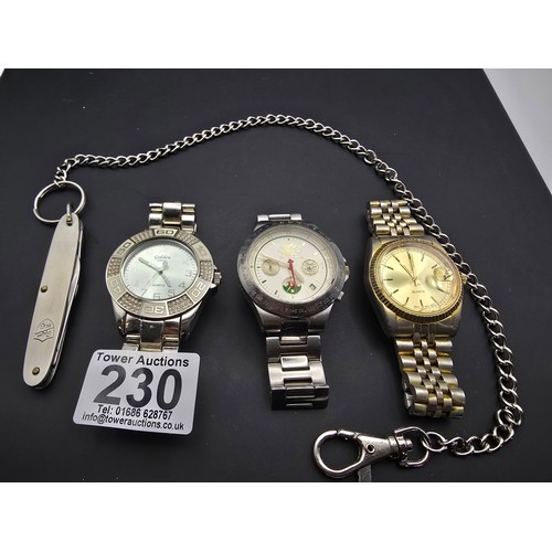 230 - A collection of 3 wristwatches and a good Rogers Sheffield penknife and chain, the lot includes a go... 