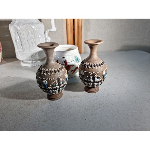 40 - Quantity of collectables to include a pair of Doulton Lambeth silicon ware stem vases with a spotted... 