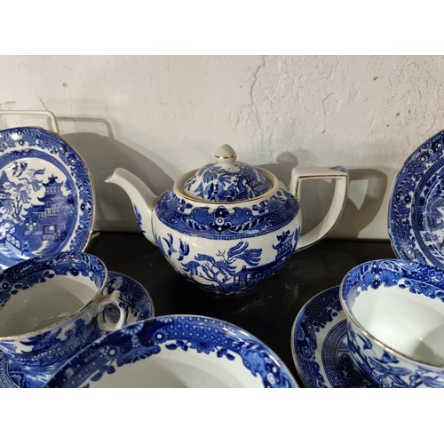 43 - Complete 6 person Burleigh ware willow pattern tea set inc teapot, milk jug, sugar bowl, 6x trios an... 