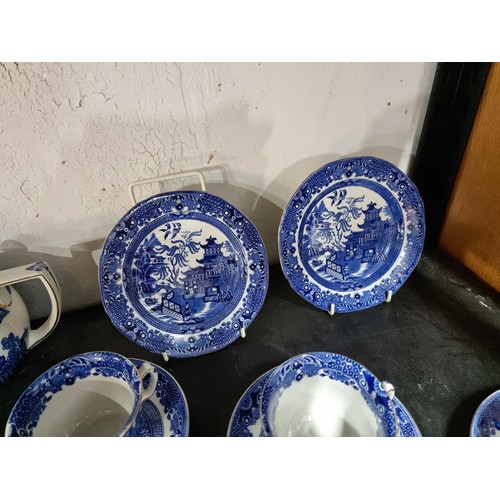 43 - Complete 6 person Burleigh ware willow pattern tea set inc teapot, milk jug, sugar bowl, 6x trios an... 