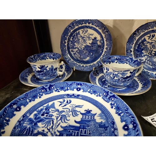 43 - Complete 6 person Burleigh ware willow pattern tea set inc teapot, milk jug, sugar bowl, 6x trios an... 