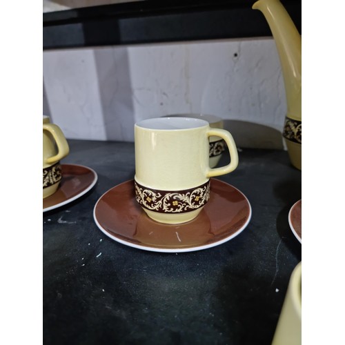 44 - Good quality yellow and brown Carlton ware coffee set inc coffee pot with lid, 6 cups and saucers, m... 