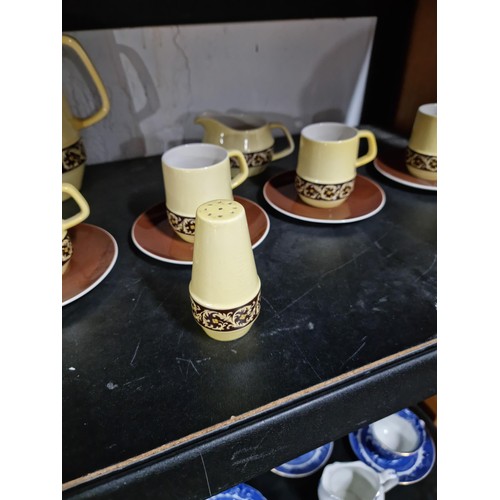 44 - Good quality yellow and brown Carlton ware coffee set inc coffee pot with lid, 6 cups and saucers, m... 