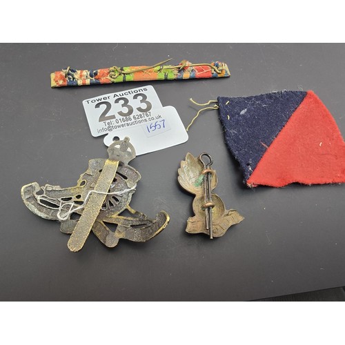 233 - A collection of early vintage military items to include a rare WWII 22nd field regiment Royal Artill... 