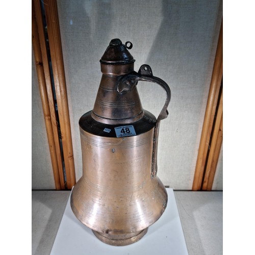 48 - Large Turkish hand made copper water pitcher with lid, marked 1961 Resat to the collar, has an old r... 