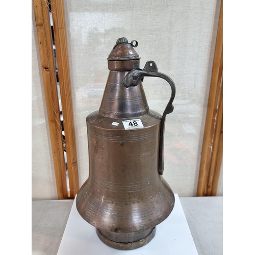 48 - Large Turkish hand made copper water pitcher with lid, marked 1961 Resat to the collar, has an old r... 