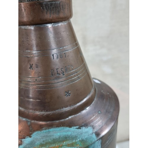 48 - Large Turkish hand made copper water pitcher with lid, marked 1961 Resat to the collar, has an old r... 