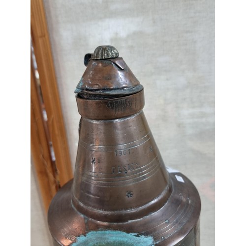 48 - Large Turkish hand made copper water pitcher with lid, marked 1961 Resat to the collar, has an old r... 