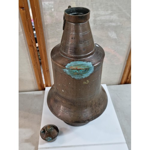 48 - Large Turkish hand made copper water pitcher with lid, marked 1961 Resat to the collar, has an old r... 