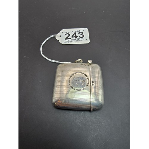 243 - A good quality heavy hallmarked silver Vesta case having an engraved striped design, featuring a str... 