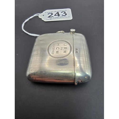 243 - A good quality heavy hallmarked silver Vesta case having an engraved striped design, featuring a str... 