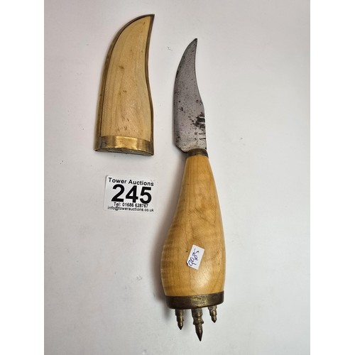 245 - An unusual vintage Polish bandit knife in a wooden and brass sheath or possibly a shepherds knife, f... 