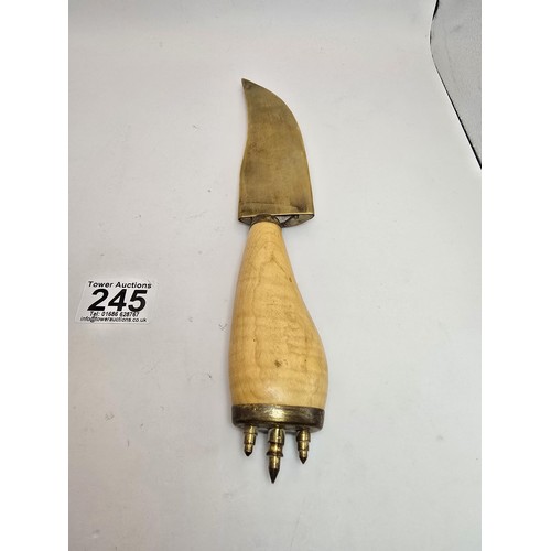 245 - An unusual vintage Polish bandit knife in a wooden and brass sheath or possibly a shepherds knife, f... 