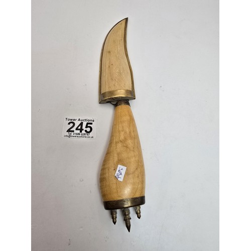 245 - An unusual vintage Polish bandit knife in a wooden and brass sheath or possibly a shepherds knife, f... 