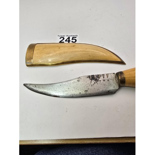 245 - An unusual vintage Polish bandit knife in a wooden and brass sheath or possibly a shepherds knife, f... 