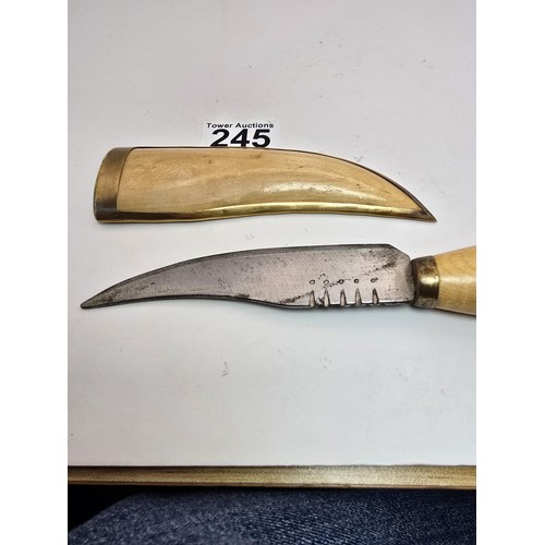 245 - An unusual vintage Polish bandit knife in a wooden and brass sheath or possibly a shepherds knife, f... 