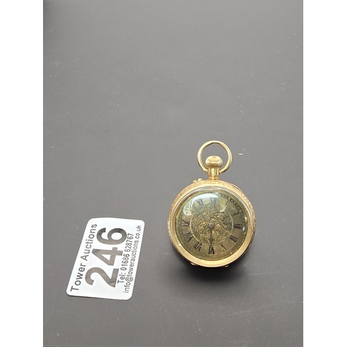 246 - A good quality antique 14ct yellow gold fob watch featuring an ornate engraved case, having a blank ... 