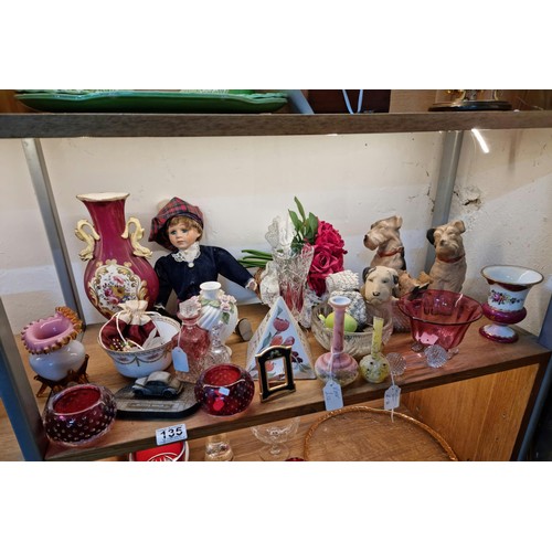 135 - Shelf full of collectables to inc a yellow vaseline stem vase with hand painted decoration, a Parago... 