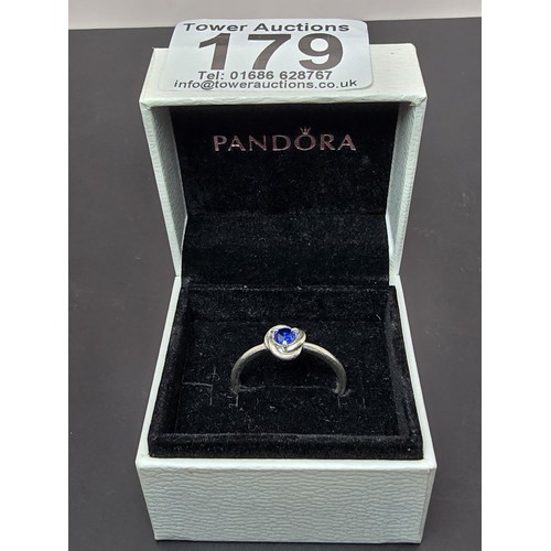 179 - An as new genuine Pandora 925 silver ring inset with a blue crystal stone, the ring is marked S925 A... 