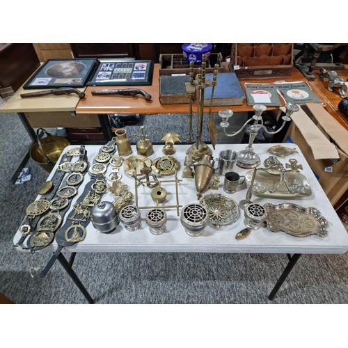 303 - Box containing large quantity of antique horse brasses and silver plated items to include some rare ... 