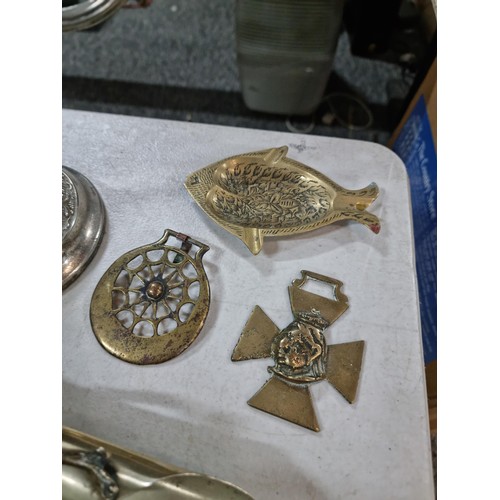 303 - Box containing large quantity of antique horse brasses and silver plated items to include some rare ... 