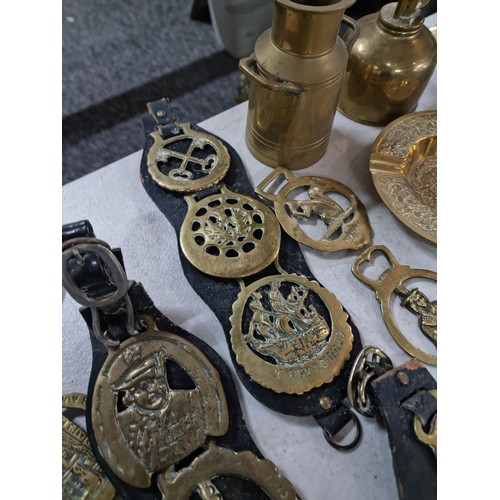 303 - Box containing large quantity of antique horse brasses and silver plated items to include some rare ... 