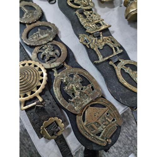 303 - Box containing large quantity of antique horse brasses and silver plated items to include some rare ... 