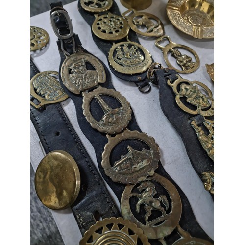 303 - Box containing large quantity of antique horse brasses and silver plated items to include some rare ... 