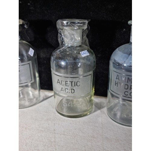 140 - A collection of 4x antique chemist pharmacy bottles all with etched labels, 2 with lids inc Ammonium... 