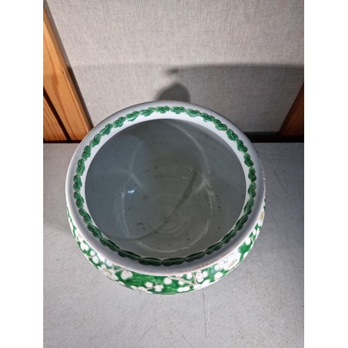 302 - Good quality Antique Chinese fish bowl with a apple blossom design in green and white, has a lovely ... 