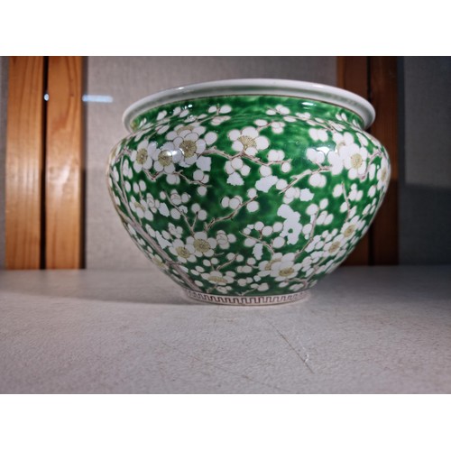 302 - Good quality Antique Chinese fish bowl with a apple blossom design in green and white, has a lovely ... 