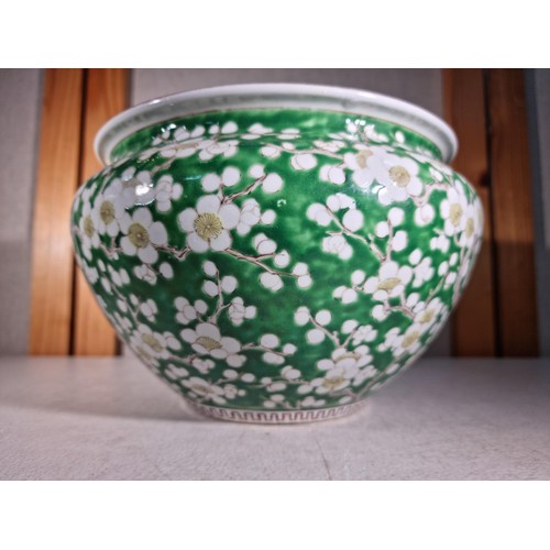 302 - Good quality Antique Chinese fish bowl with a apple blossom design in green and white, has a lovely ... 