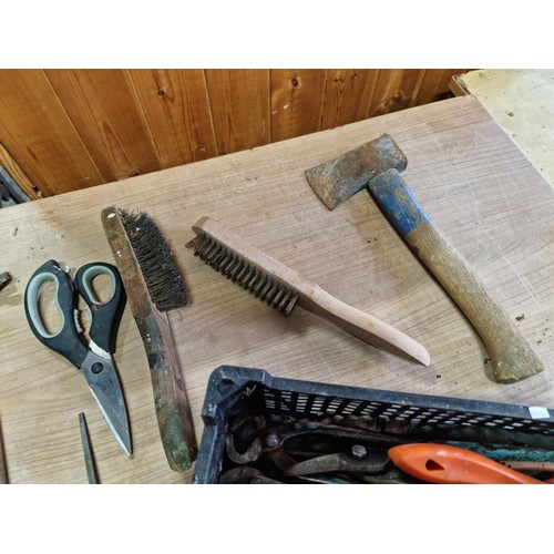 312 - Crate containing a quantity of assorted tools inc wire brushes, an axe, files, wire cutter pliers, a... 