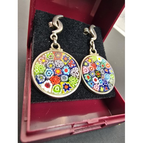 198 - Pair of pretty Italian art glass and 925 Silver drop earrings having a mille fiori design, the earri... 