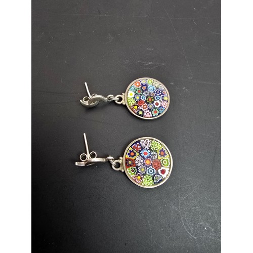 198 - Pair of pretty Italian art glass and 925 Silver drop earrings having a mille fiori design, the earri... 