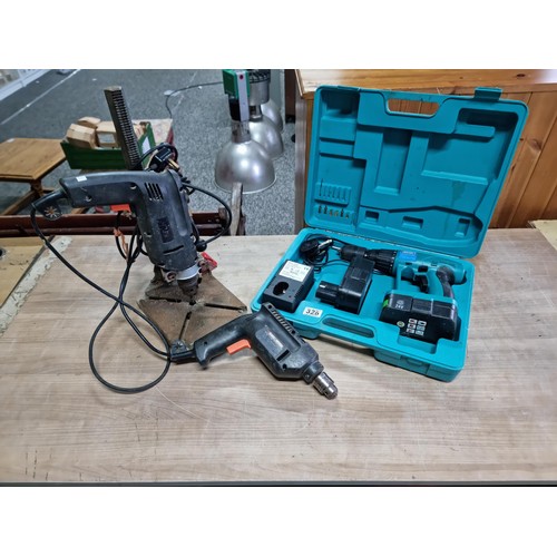 328 - Cased Rolson 24v cordless drill with 2x batteries and charger along with a Black & Decker Quattro di... 