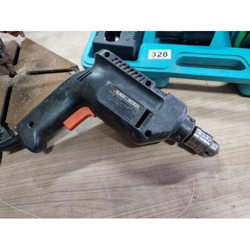 328 - Cased Rolson 24v cordless drill with 2x batteries and charger along with a Black & Decker Quattro di... 