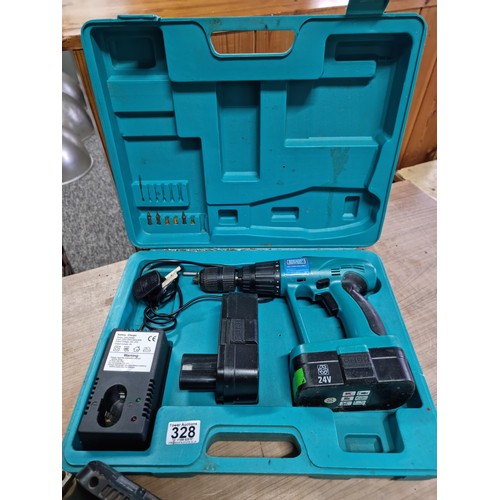 328 - Cased Rolson 24v cordless drill with 2x batteries and charger along with a Black & Decker Quattro di... 