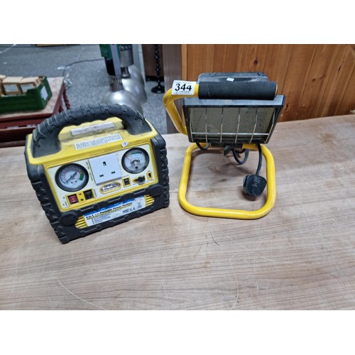 344 - 6-in-1 12V portable power station with a 230v output, usb connector, jump leads, torch. Missing powe... 