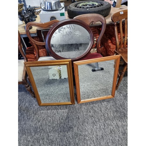 352 - 3x mirrors including a gilt framed bevel edged mirror, Pine framed mirror and a vintage mahogany fra... 